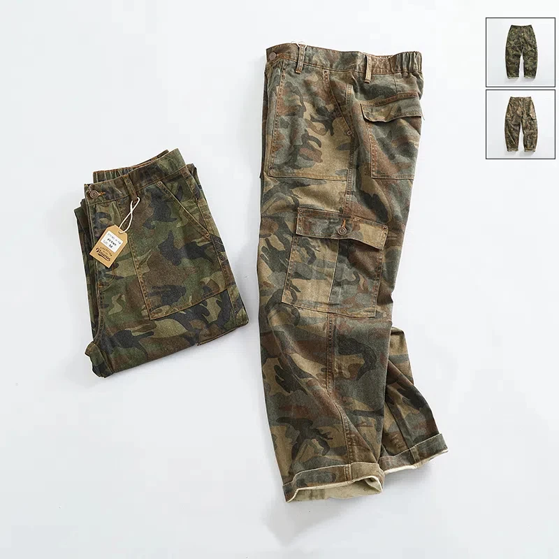 2024 Autumn New American Rerto Woven Twill Camouflage Cargo Pants Men's Simple 100% Cotton Washed Loose Straight Casual Trousers