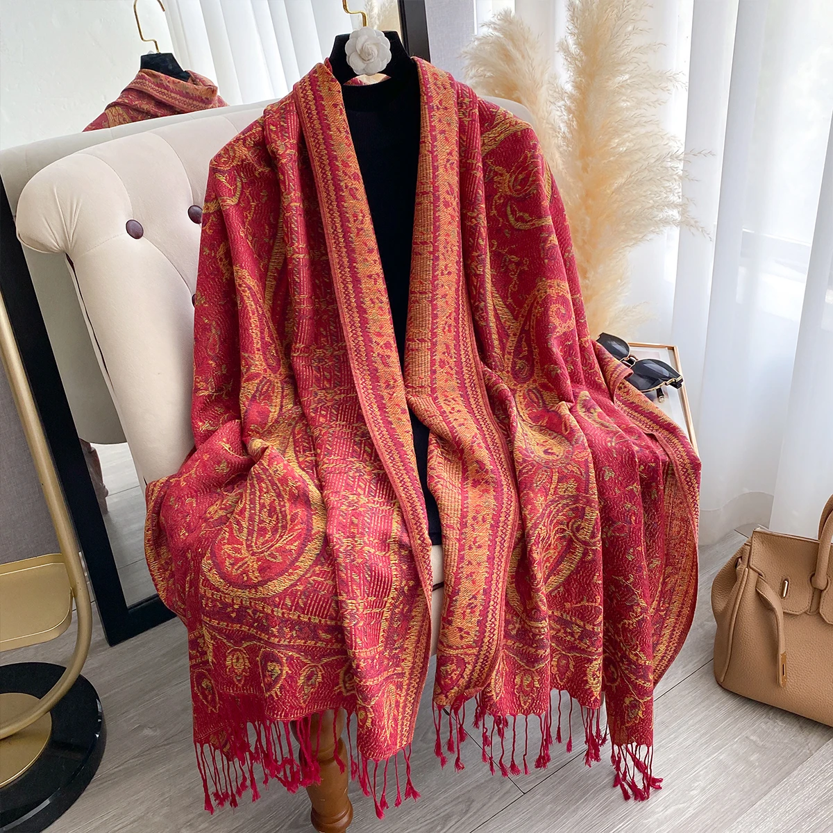 

Brand Fashion Women's Winter Warm Cashmere Shawl - Vintage Floral Oil Painting Printed Tasseled Pashmina Thick Wrap