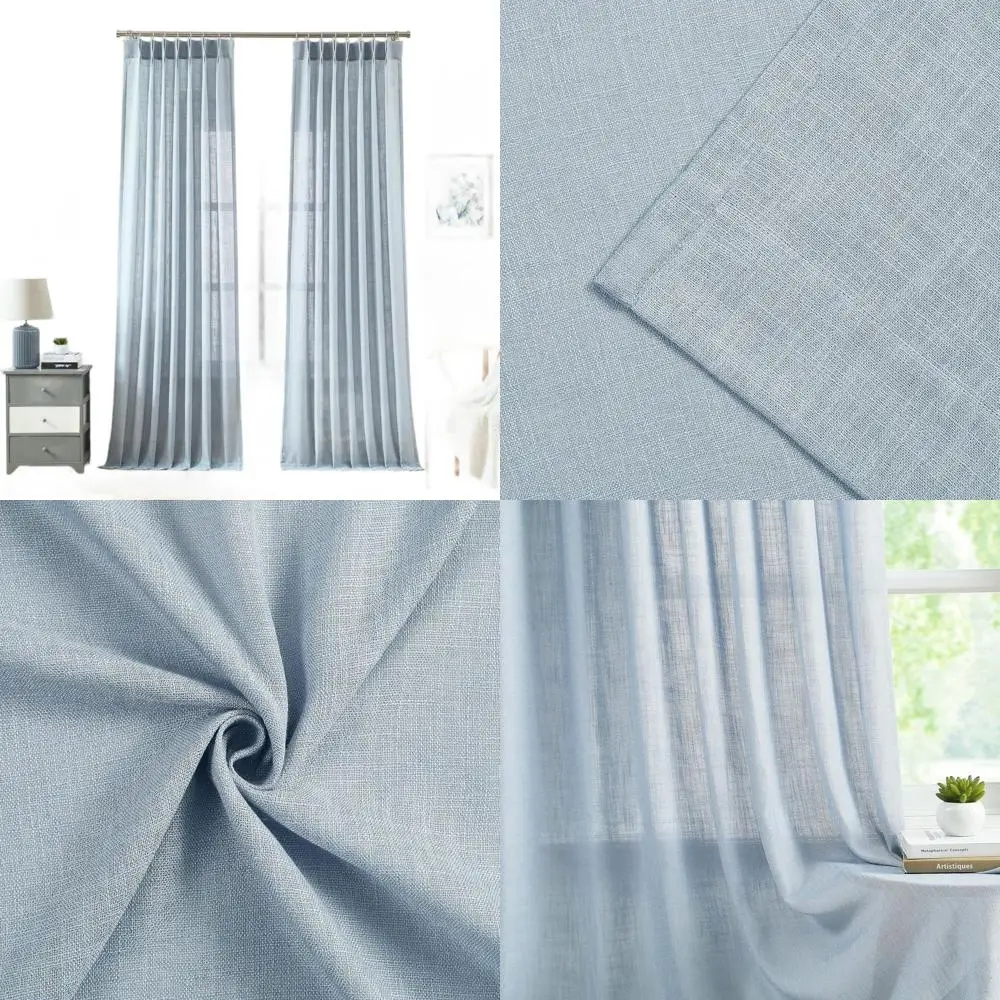 

Blue Semi-Sheer Pinch Pleated Curtains 95 Long, Linen-Textured Drapes for Living Spaces, Light Filtering Back Tab Window Treatme