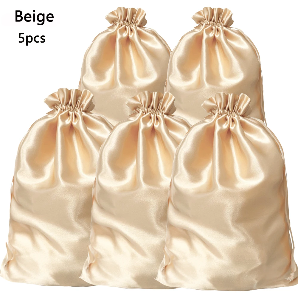 Wig Bags 5Pcs Hair Extensions Bags With Drawstring Soft Silky Satin Wig Bag Pack Black Pink Gold Hair Wig Packaging Bags 35*25cm