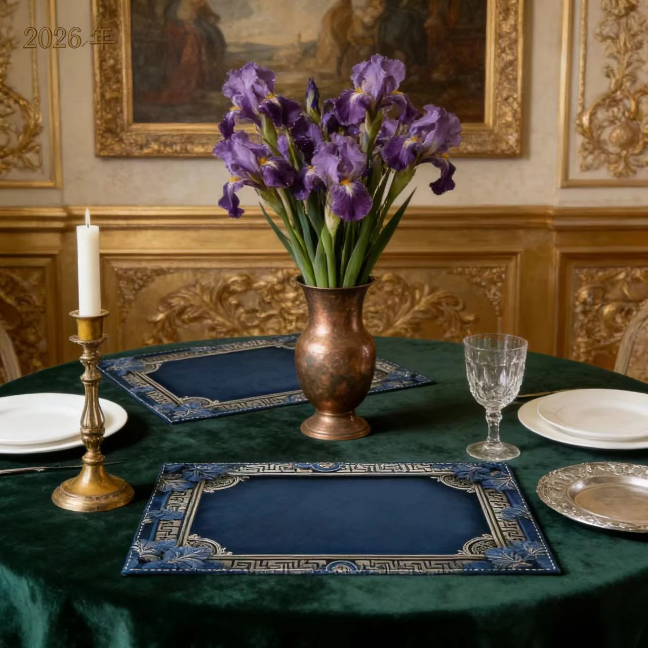 1PC Rectangular Frame Blue High-end Linen Placemats, Blue Floral Art Design, High-end Decoration for Restaurant Table Ornaments