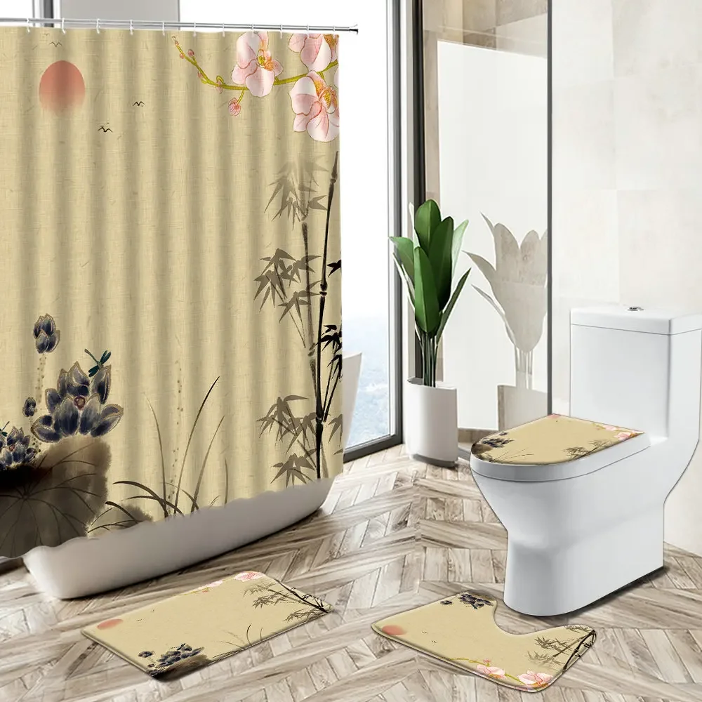 Chinese Shower Curtain Sets Lotus Flower Plant Bamboo Bird Ink Art Home Bathroom Decor Non-Slip Carpet Toilet Cover Floor Mat