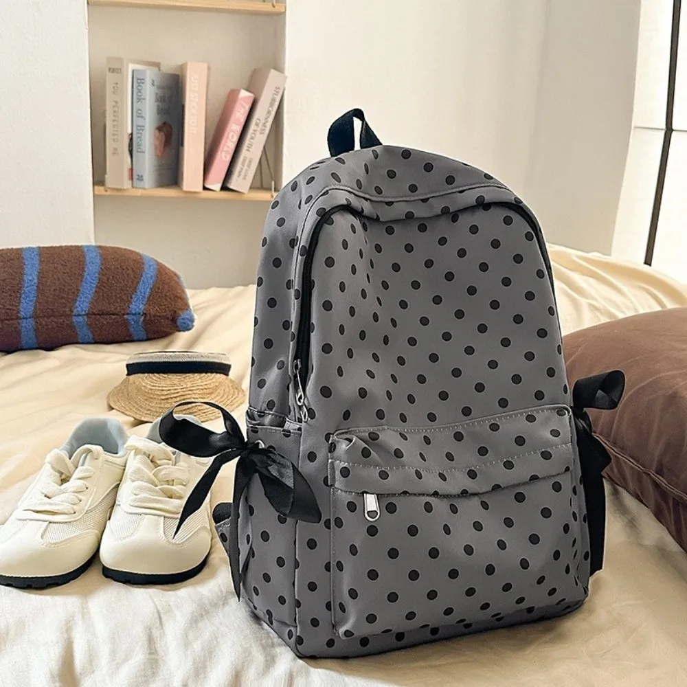 French Style Polka Dot Backpack Bow Ribbon Design Lightweight Construction Bow Ribbon Backpack Cute Appearance Polka Dot Pattern