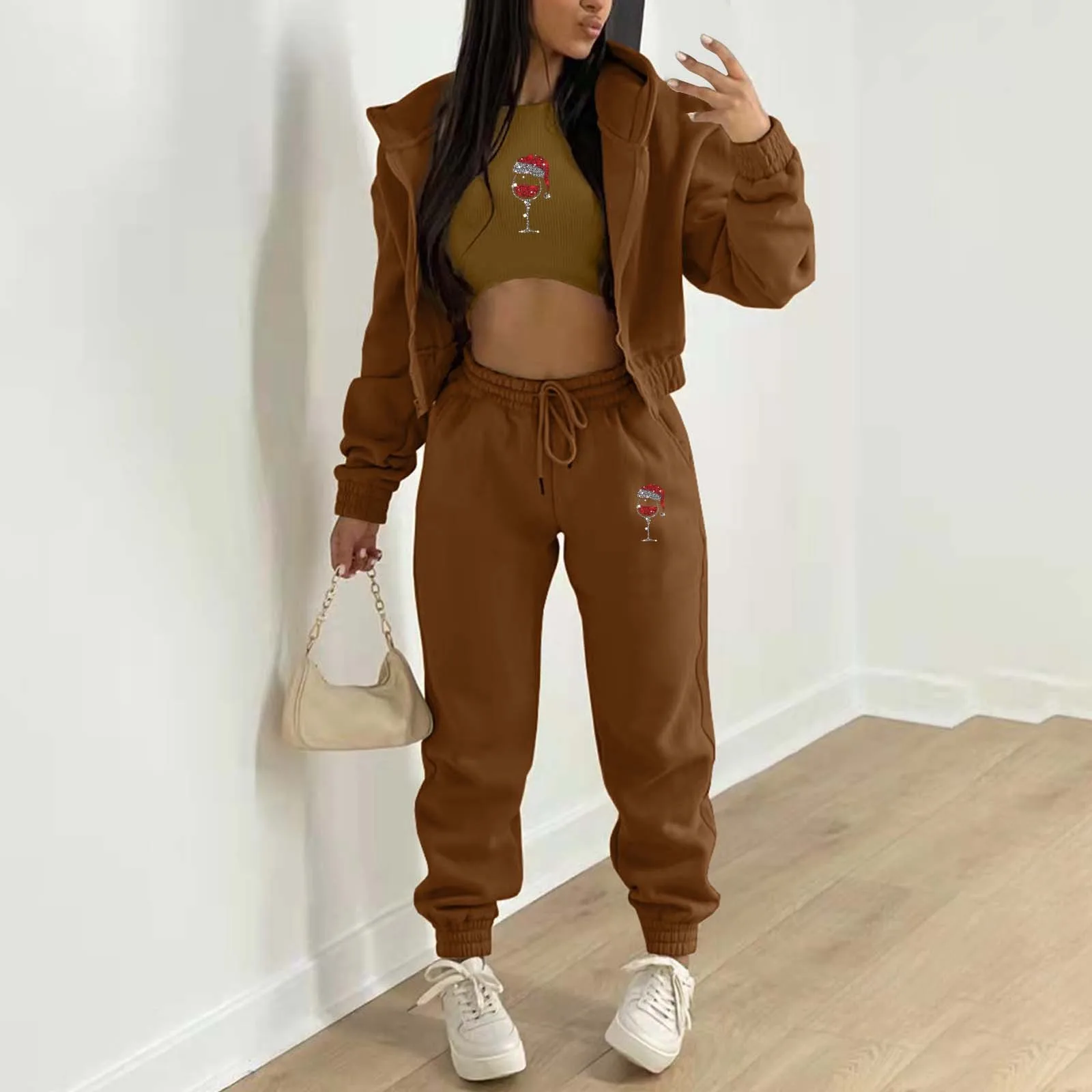 Women's Printed Hooded set Sport sweatshirt Casual Sweatpant All-match Tracksuit With Fleece 3 Piece Set conjuntos de pantalones