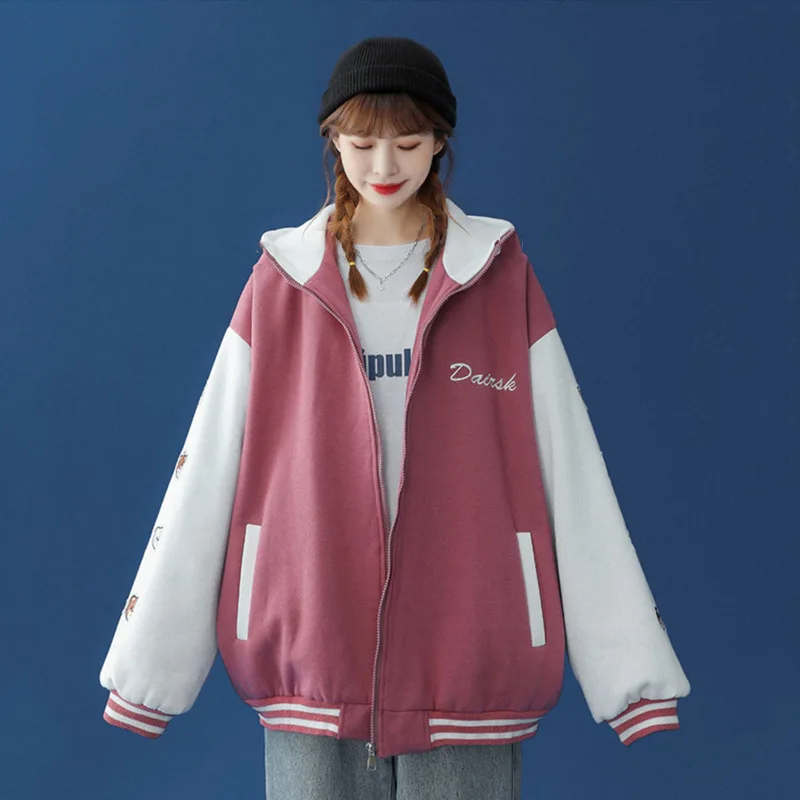 

Baseball Suit Spring And Autumn New Harajuku Students Loose Joker Fleece-Lined Thickened Jacket Hooded Stitching Women's Fashion