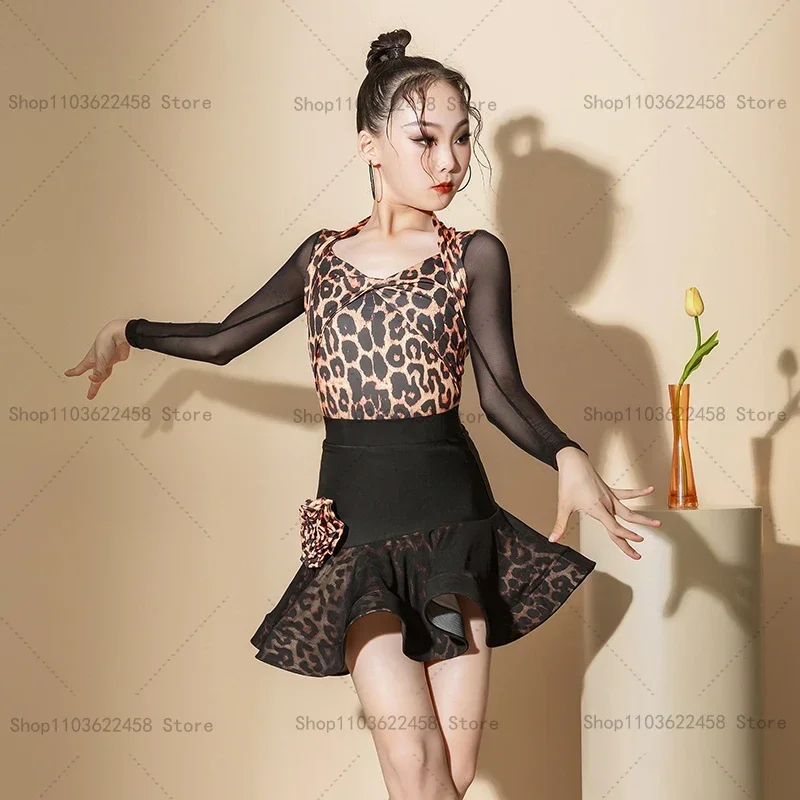 Leopard Rumba Cha Cha Samba Salsa Latin Dance Dress Girls Ballroom Dancing Dresses Kids Latin Practice Clothes Performance Dress