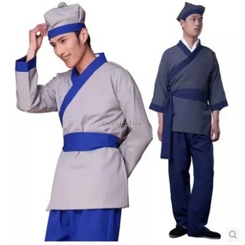 2025 chinese traditional ancient women men farmer cross collar hanfu clothes with hat performance stage costume performance set