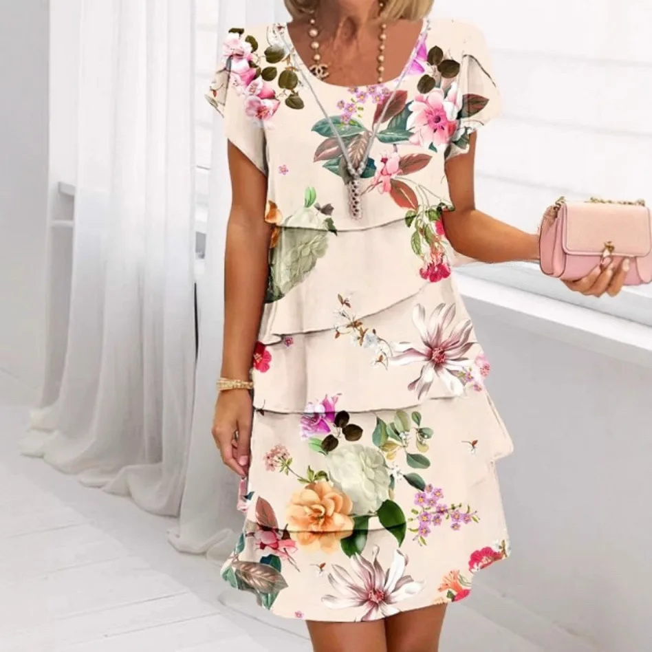 Short Sleeve round Neck 3D Position Printing Series Spring Summer Cake Dress Elegant Style Loose Waist Polyester Material