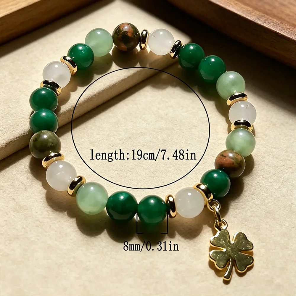 Retro Four Leaf Clover Beaded Bracelet 8mm Handmade Fashion Women Single Strand Bracelet