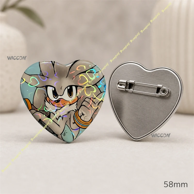 The So*nic Anime Cosplay Silver the Hedgehog Heart Holographic Button Kawaii Heart Shape Lapel Pin Backpack Gift for Game Fans