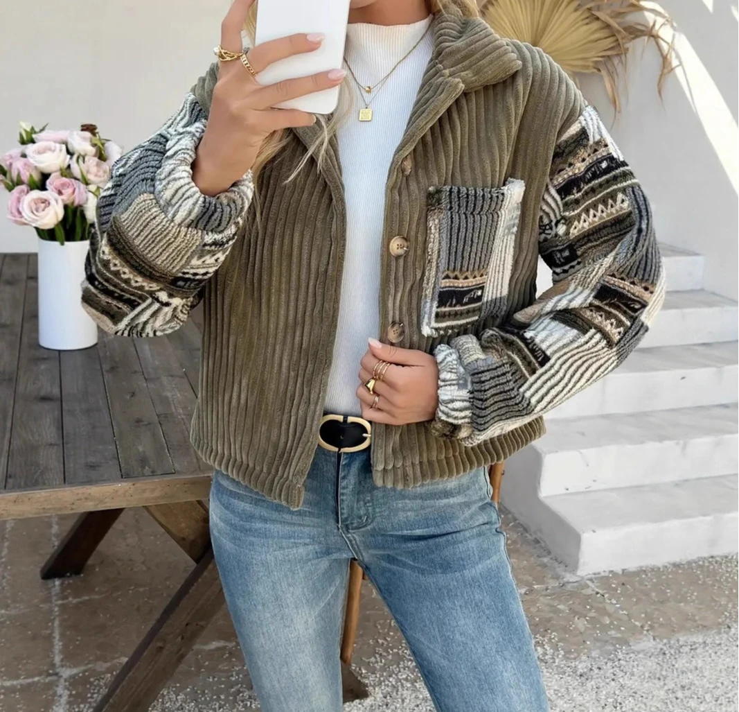 2025 Women's Collar Long Sleeved Buttoned Jacket Casual Patchwork Contrasting Color Coat Elegant Cotton Jacket