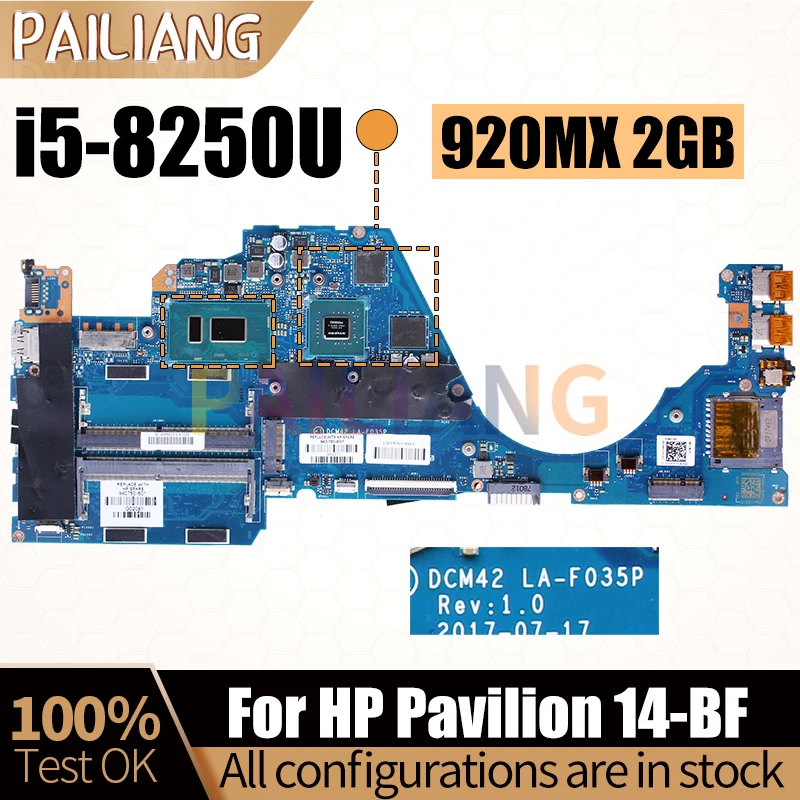 For HP Pavilion 14-BF Notebook Mainboard LA-F035P SR3LA i5-8250U 920MX 2GB N16S-GTR-S-A2 Laptop Motherboard Full Tested