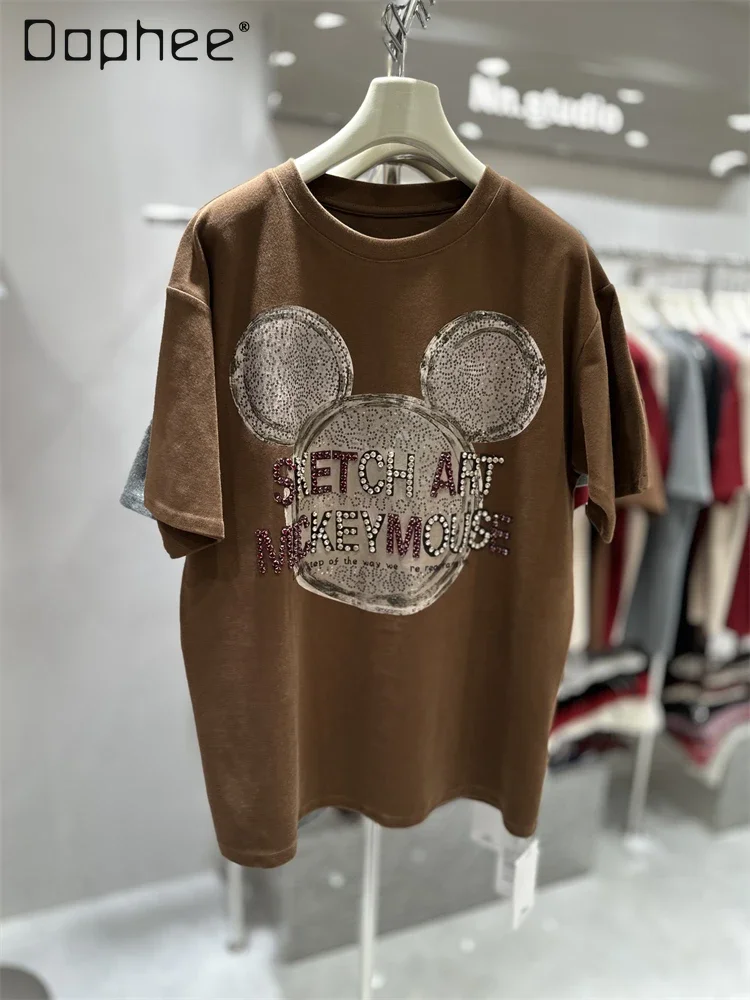 European Goods Heavy Industry Half-sleeved Top Winter Thickened Cotton Cartoon Letter Rhinestone Loose Short-sleeved T-shirt