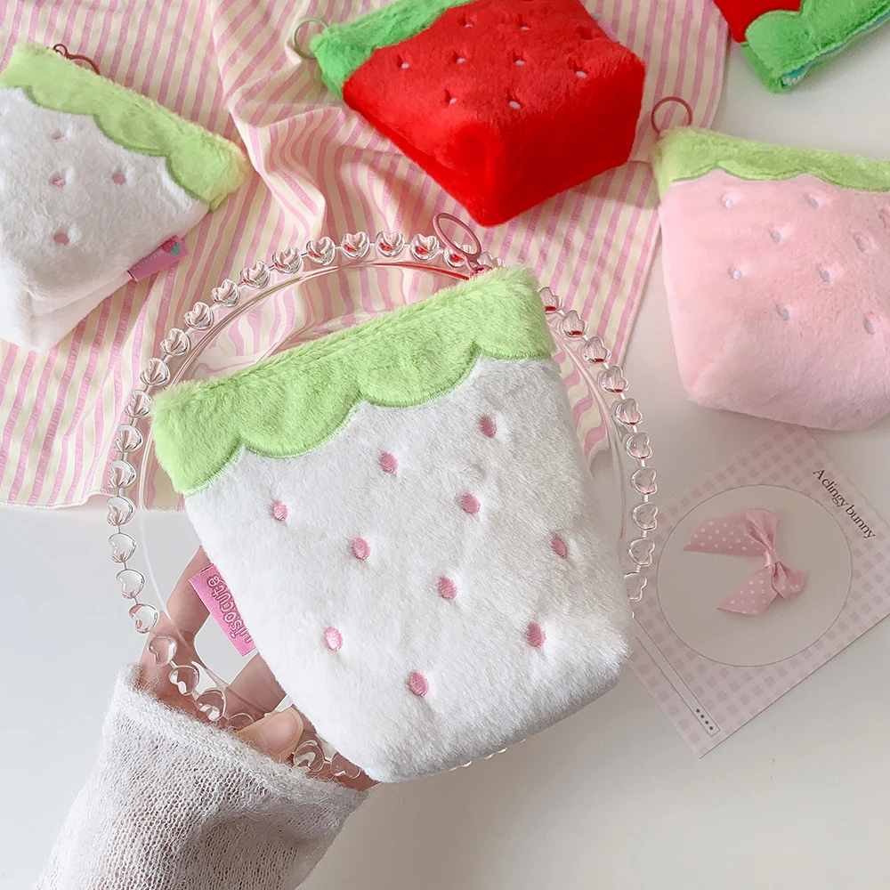 Sweet Cute Strawberry Zipper Plush Makeup Bag Fashion Girl Portable Large Capacity Travel Storage Lipstick bag Student Pen Bag