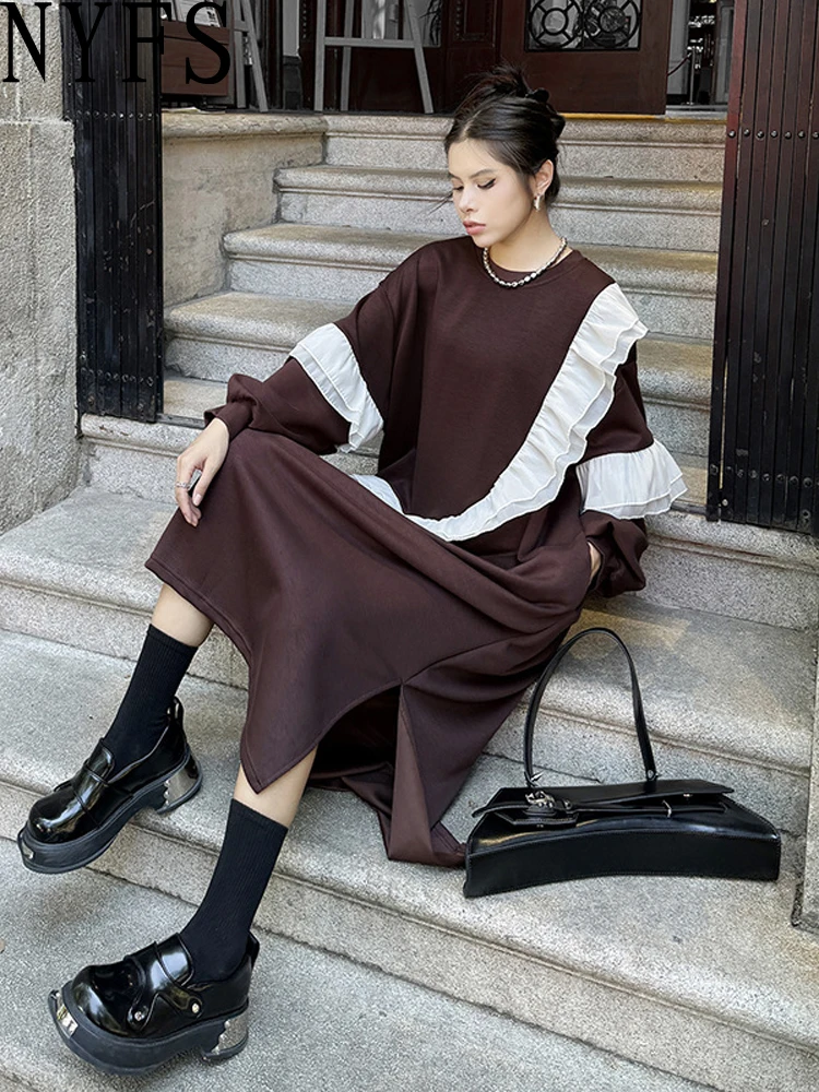 

Женское платье с длинным рукавом NYFS, Свободное длинное платье в Корейском стиле с оборками, зима 2024