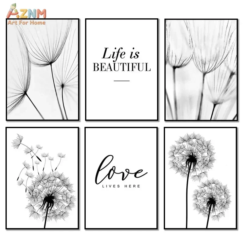 AZNM Black White Dandelion Canvas Poster Life Is Beautiful Love Quote Minimalist Floral Wall Art Decor, Unframed Canvas Painting