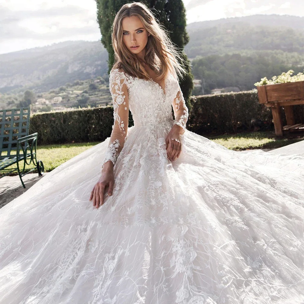 Maßgeschneidertes elegantes Tüll-Hochzeitskleid, Spitzenapplikationen, Pailletten, Perlen, lange Ärmel, Brautkleid, Brautkleid, Vestdo de Novia