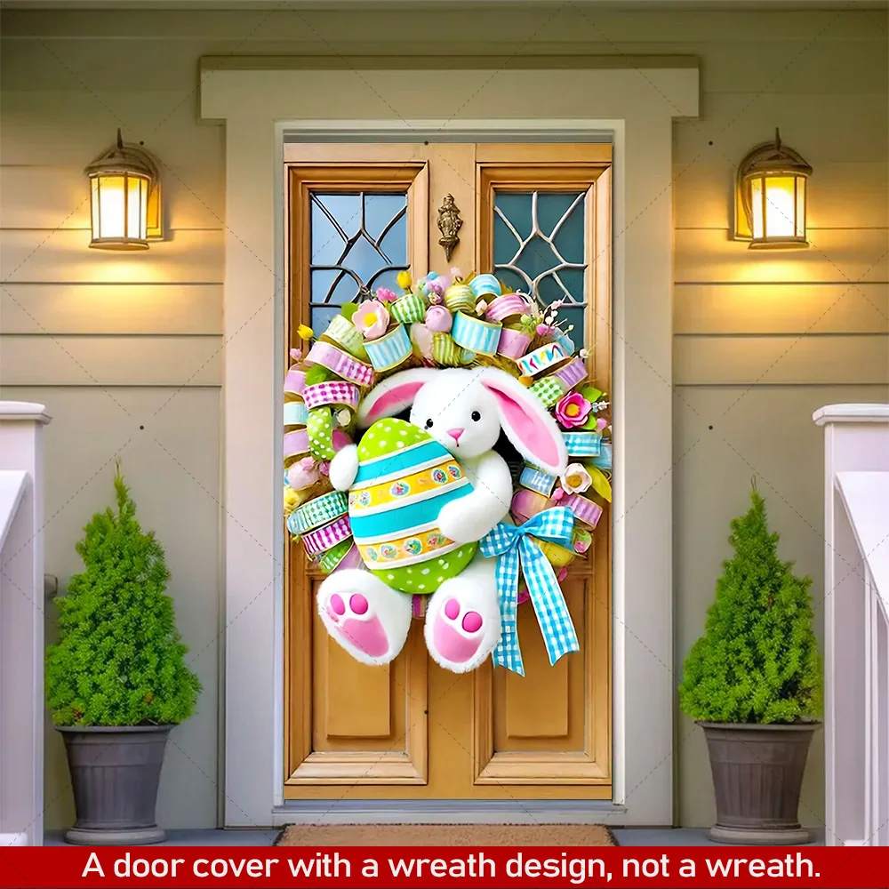 Easter Door Cover Decoration Plush Rabbit Wreath Easter Egg Coloured Ribbon Background Indoor Outdoor Porch Banner Party Supply