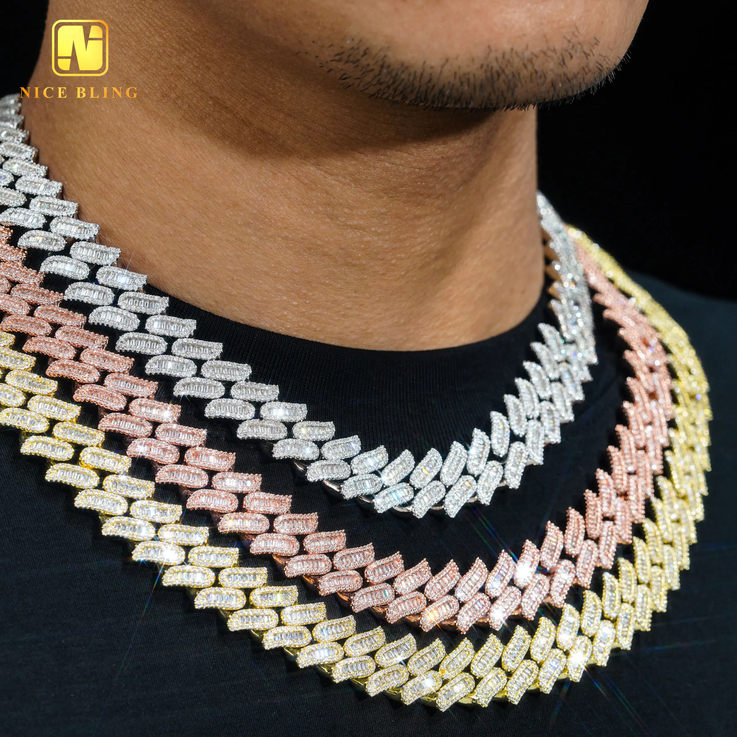 Iced Out Fashion Hip Hop Cuban Link Necklace Men Brass Jewelry 16mm Cz Cuban Link Gold Plated Baguette Cz Diamond Necklace