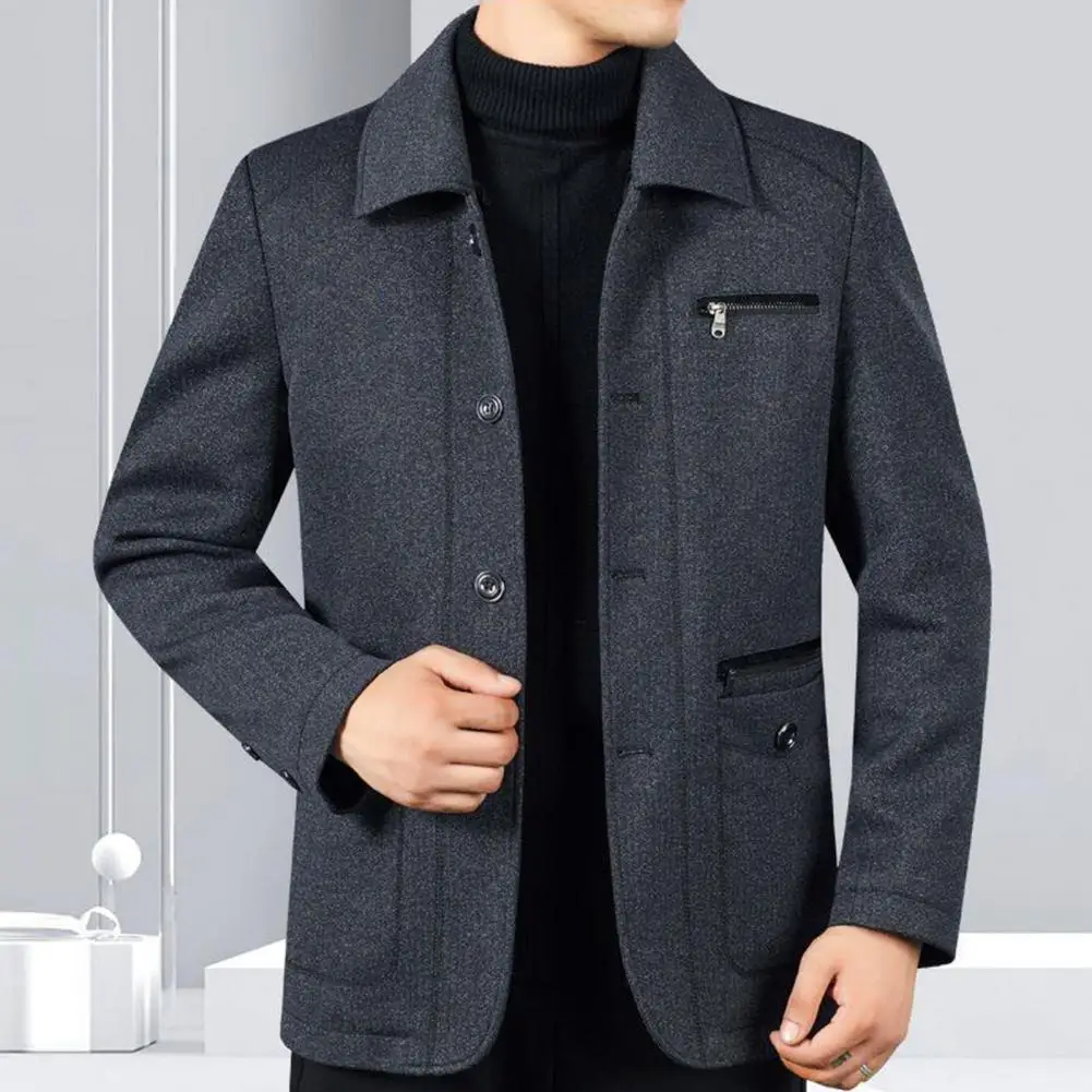 Winter Men Jacket Lapel Long Sleeve Single-breasted Coat Plush Zip Up Zipper Pockets Outerwear Mid Length Father Thermal Coat