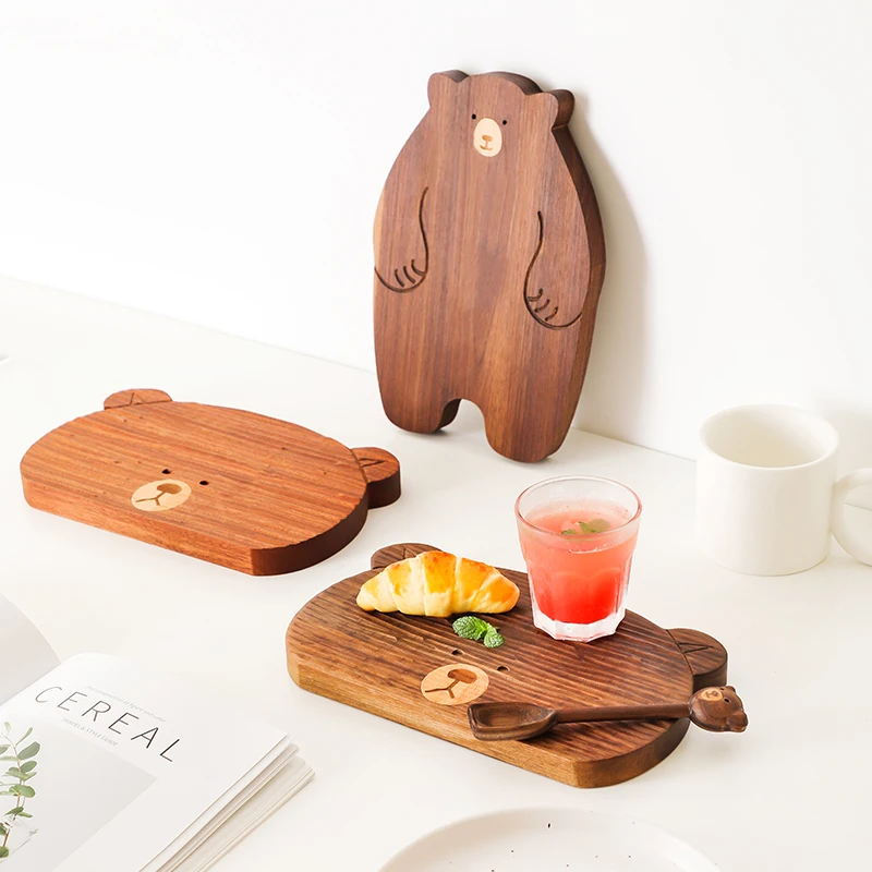 Cute bear set creative walnut chopping board plate ins wooden tray online celebrity tableware plate rectangular.