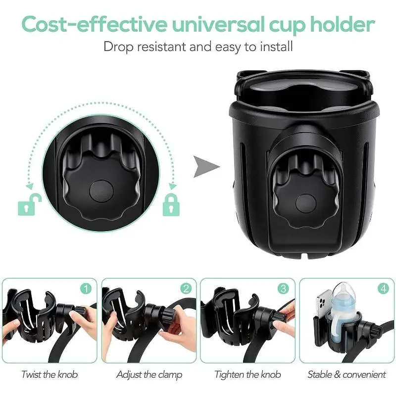 2 In 1 Motorcycle Stroller Cup Holder Bike Wheelchair Phone With Walker Rack Black Easy 360 Install Degree Rotation Adjusta
