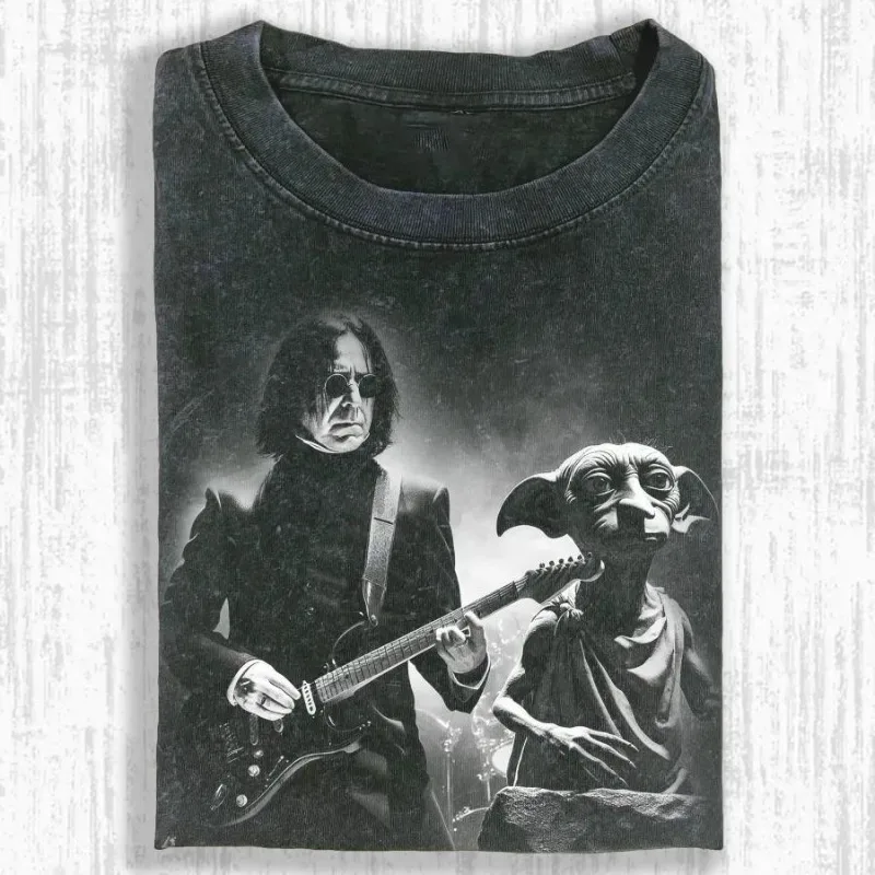 Camiseta con estampado de parodia de Harry Potter, camiseta de estrella de rock del mago y elfo lavada durante todo el año, adecuada tanto para hombres como para mujeres