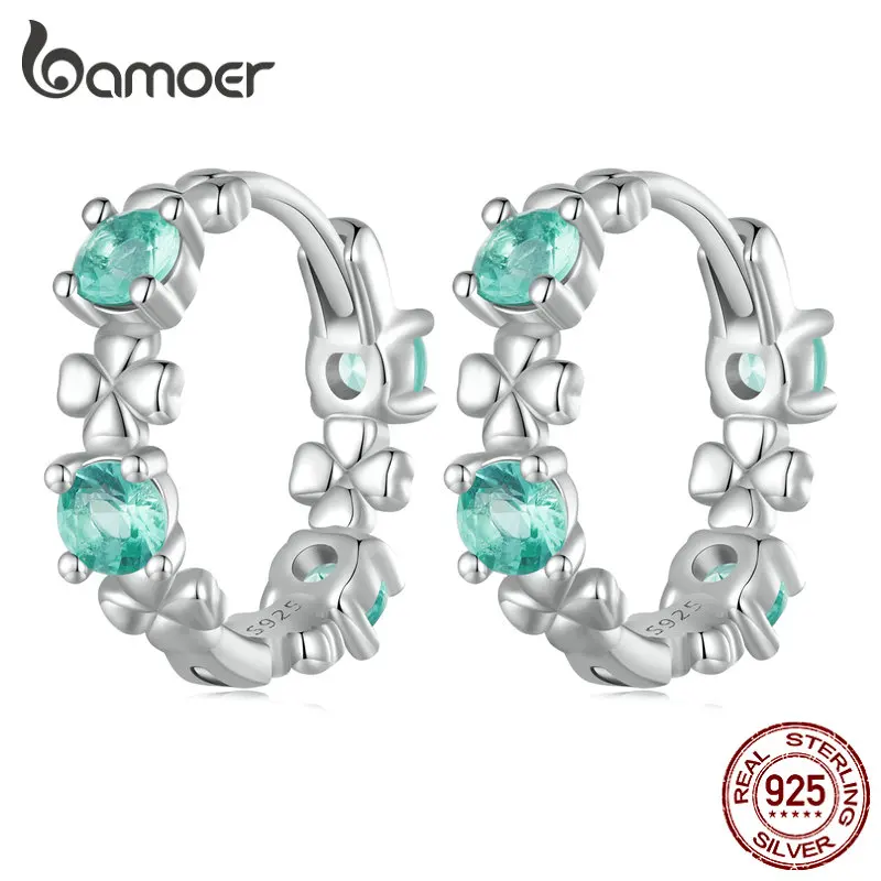 

Женские серьги-кольца Bamoer из стерлингового серебра 925 пробы с четырехлистным клевером и красным кристаллом циркония, пряжки для ушей для пирсинга, Ювелирное Украшение на день рождения