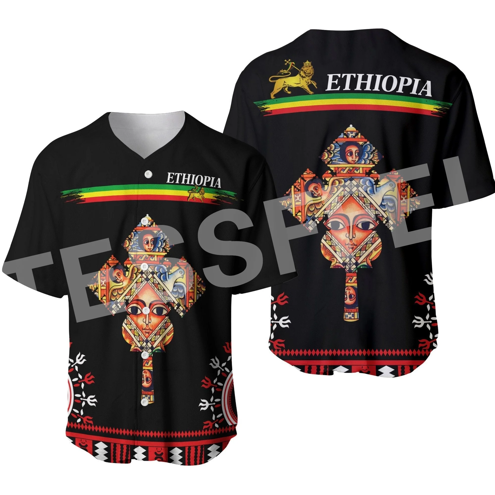 Africa County Flag Ethiopia Rasta Reggae Lion Tattoo 3DPrint Summer Harajuku Casual Funny Baseball Jersey Shirts Short Sleeves A