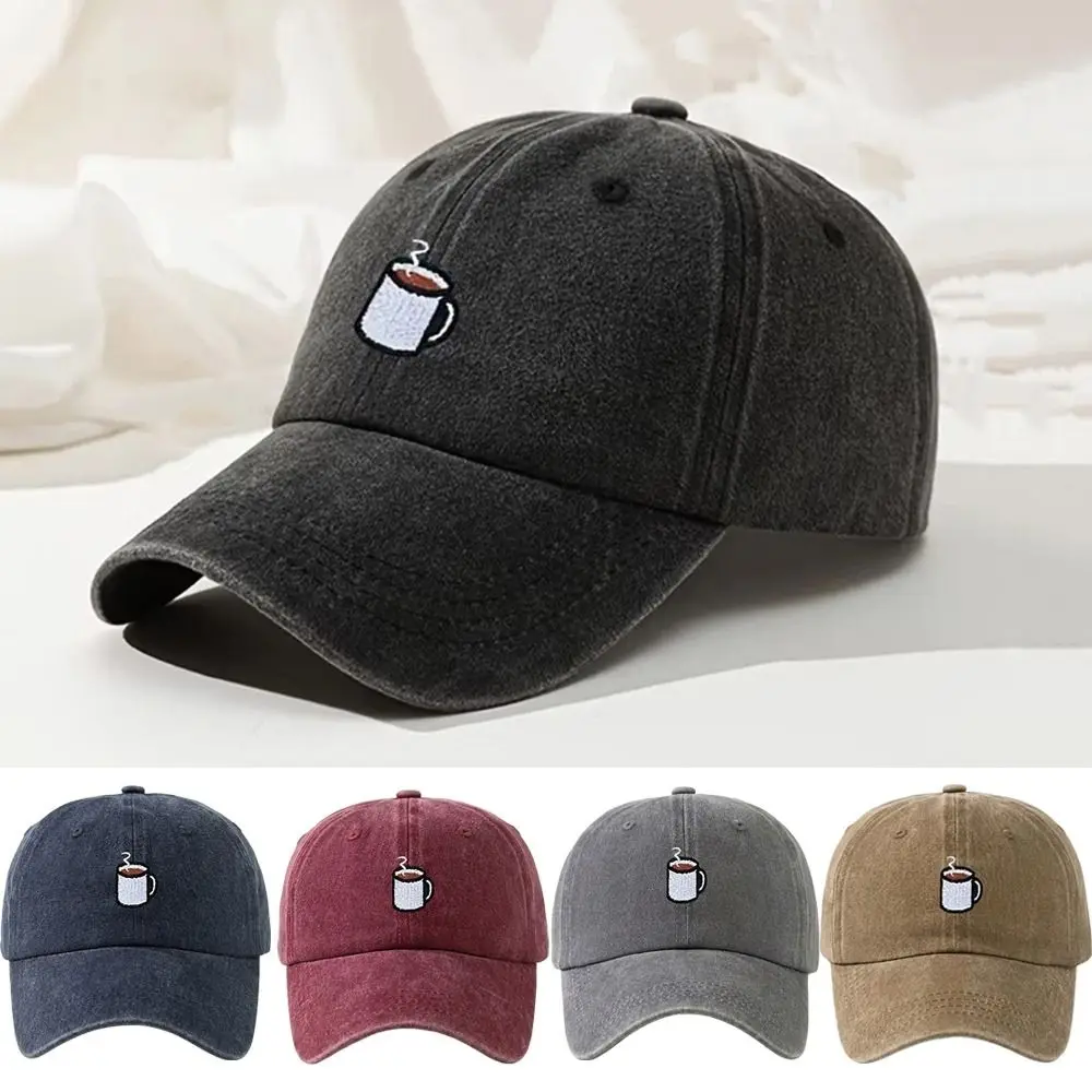 Embroidered Coffee Cup Baseball Cap Hip Hop Adjustable Distressed Baseball Cap Sunscreen Washed Cotton Dad Hat