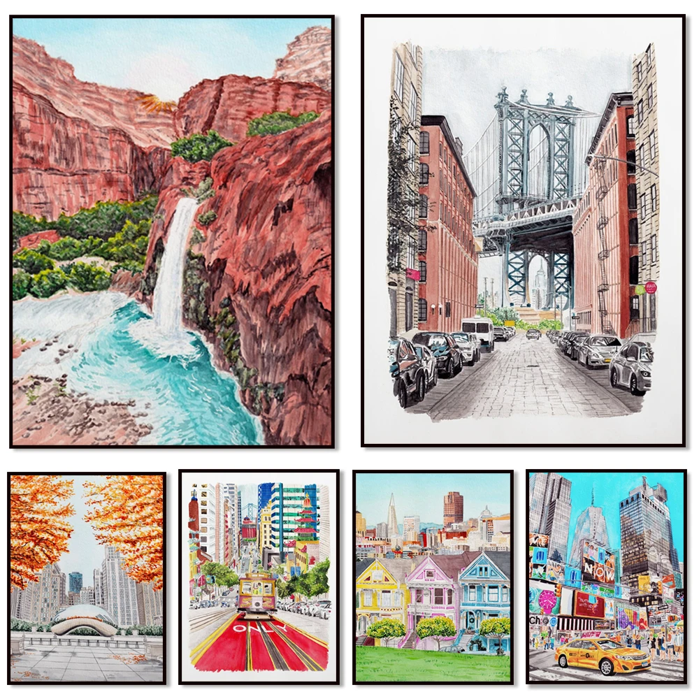 

Watercolor travel poster of Manhattan, Brooklyn, Alamo Square Park, Arizona, Havasu Falls, Austin Texas, Quebec, Philadelphia