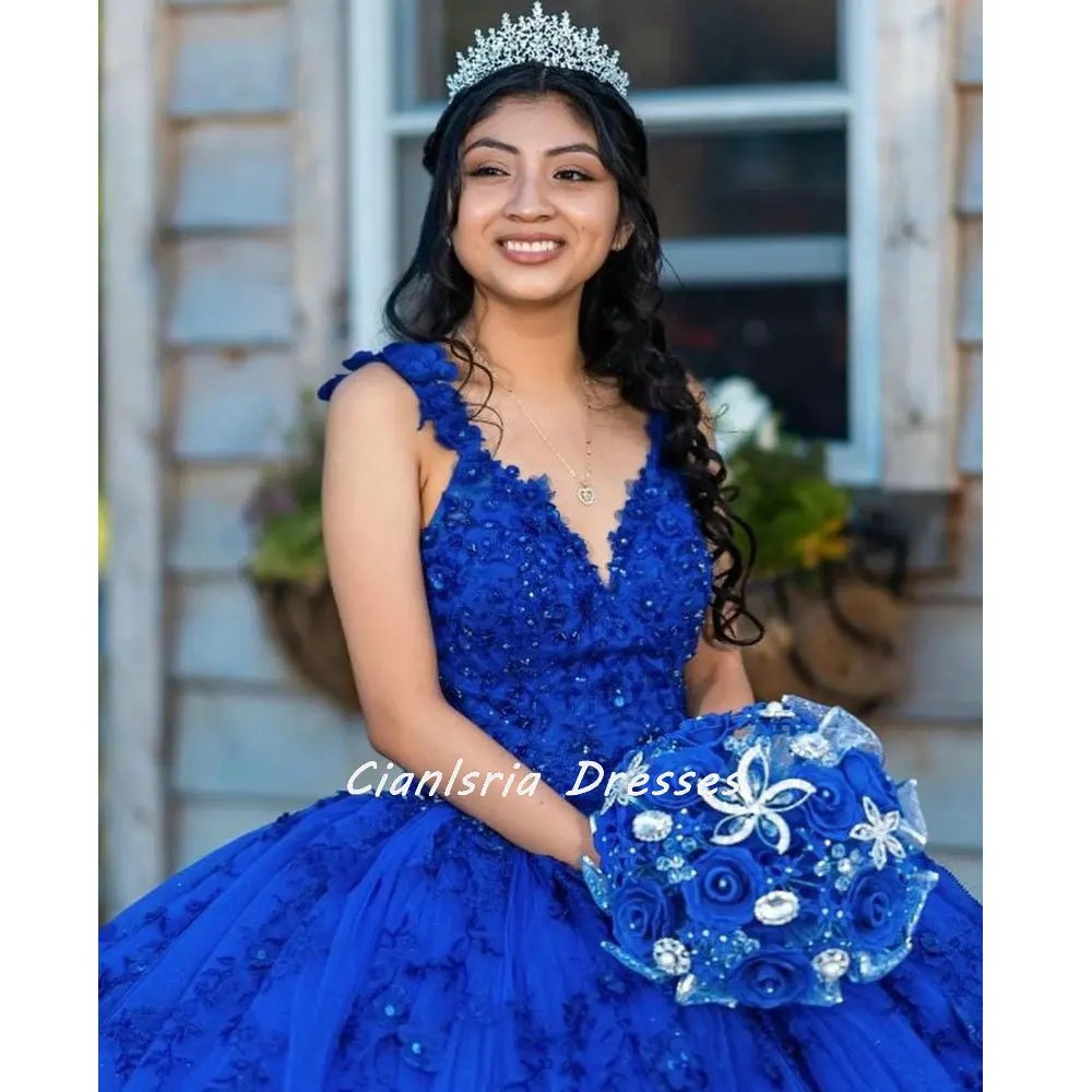 

Royal Blue V-Neck Spaghetti Straps Mexican Quinceanera Dress Ball Gown 3D Flowers Beading Appliques Corset Vestidos De XV Anos