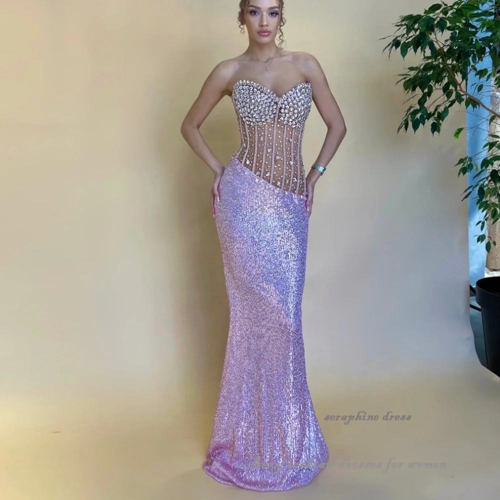 Luxuriöse Abendkleider für Frauen, Spitze, Pailletten, Meerjungfrau, Abendkleid, Korsett im Inneren, trägerloses Mieder, formelle Cocktailparty-Kleider