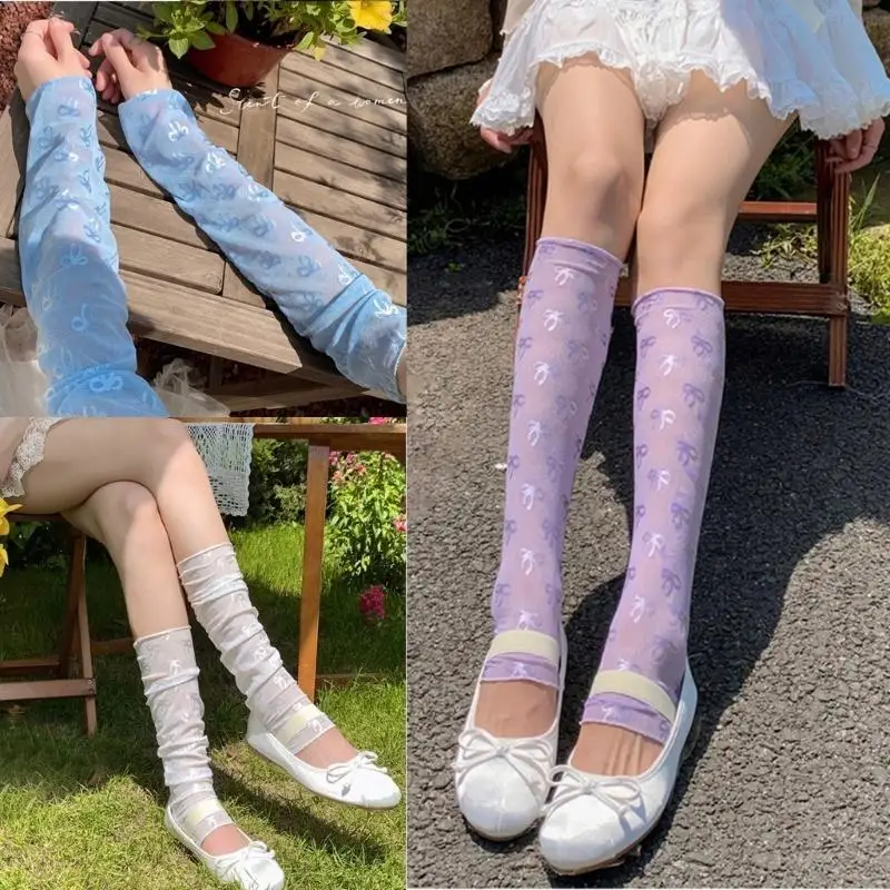 195E النساء الفتيات الشمس واقية أصابع قفازات بلون Bowknot طباعة الذراع تدفئة الساق الجليد الحرير التبريد الذراع أكمام الساق #4