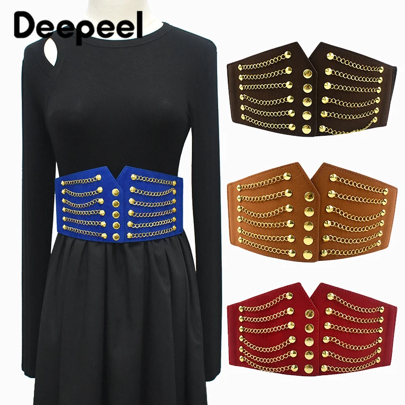 

Deepeel 64cm PUNK Women's Corset Wide Belt Woman Cummerbunds Elastic Belts Chain Rivet Waistband Female Dress Coat Accessories