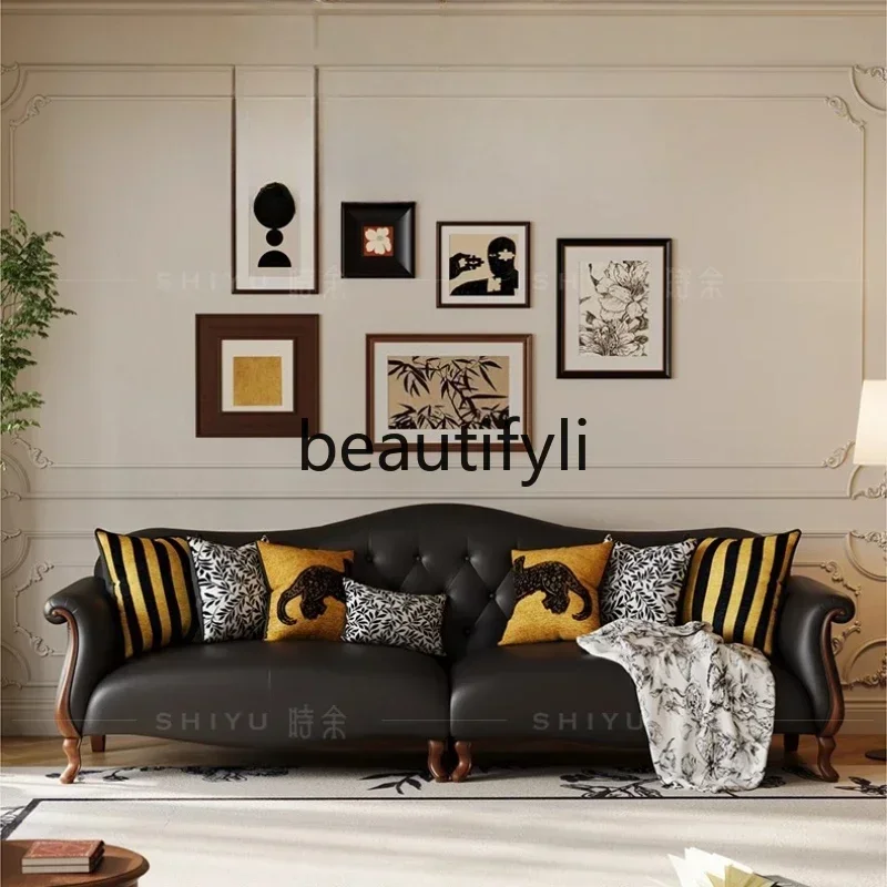 Q181  Sofa leather solid wood villa antique sofa combination retro style straight row small sofa