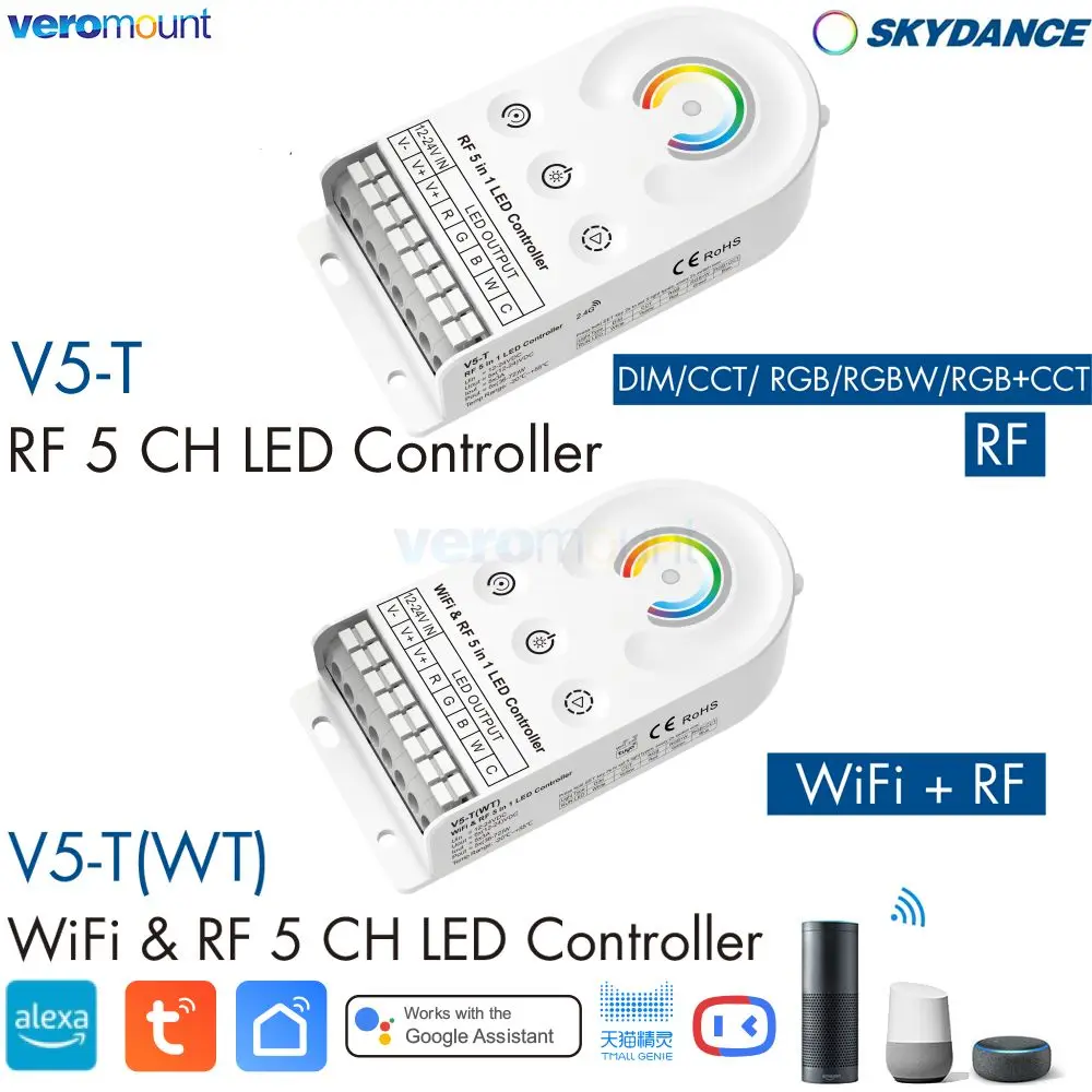 

Skydance V5-T(WT) 5 in 1 WiFi Tuya APP LED Controller V5-T 2.4G RF CV Controller 5CH*3A for DIM/CCT/RGB/RGBW/RGB+CCT LED Strip