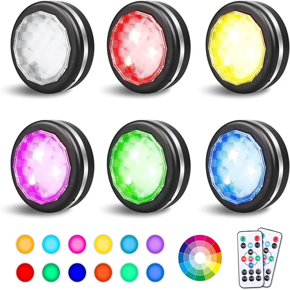 16 Colors LED RGB Puck Lights Closet Round Night Light Remote Control Cabinet Light Battery Operated Counter Shelf Kitchen Light