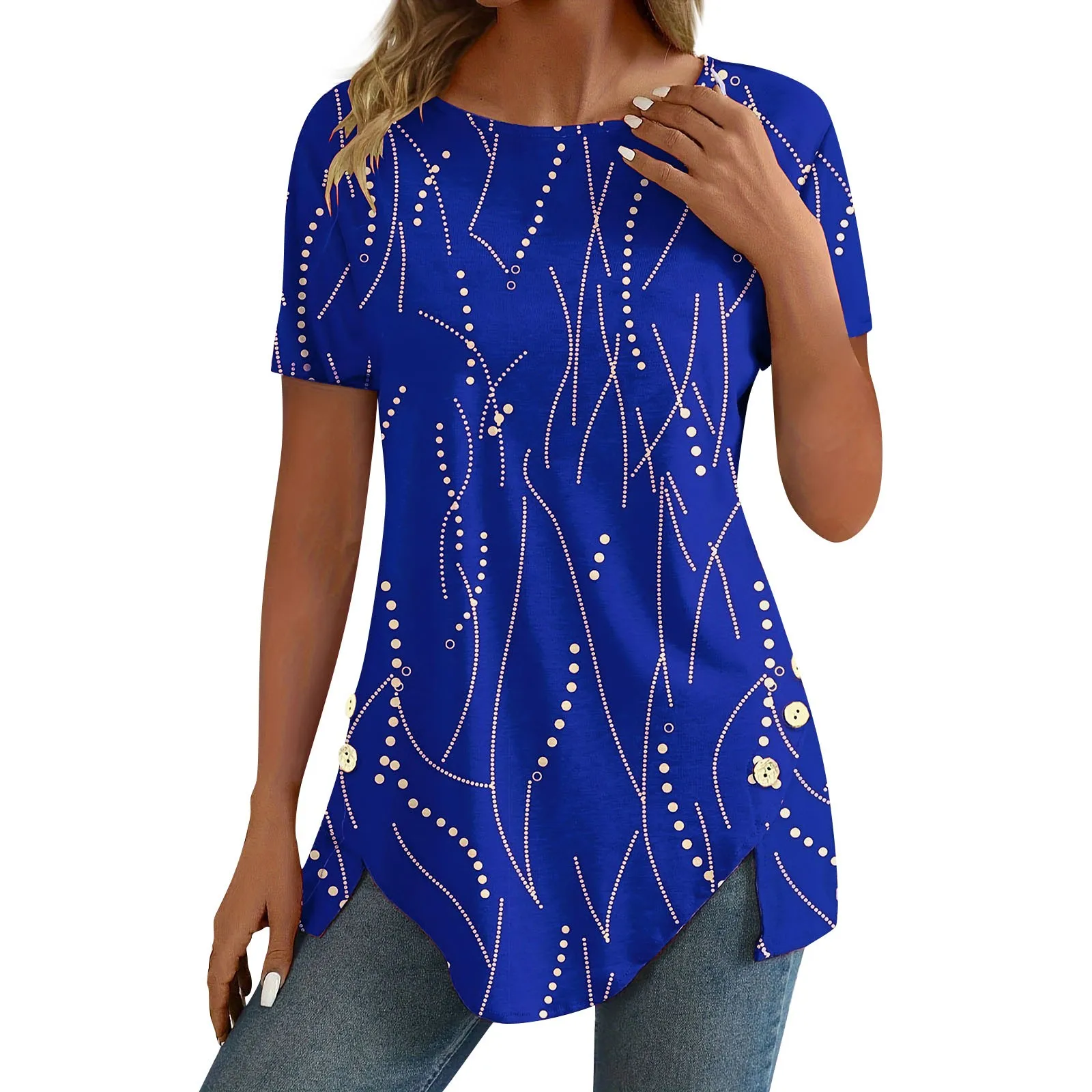 تيشيرت نسائي قصير الأكمام بنقط البولكا ، تيشيرت بحافة غير منتظمة ، تيشيرتات بياقة مستديرة ، أزرار ، لون سادة ، موضة صيفية