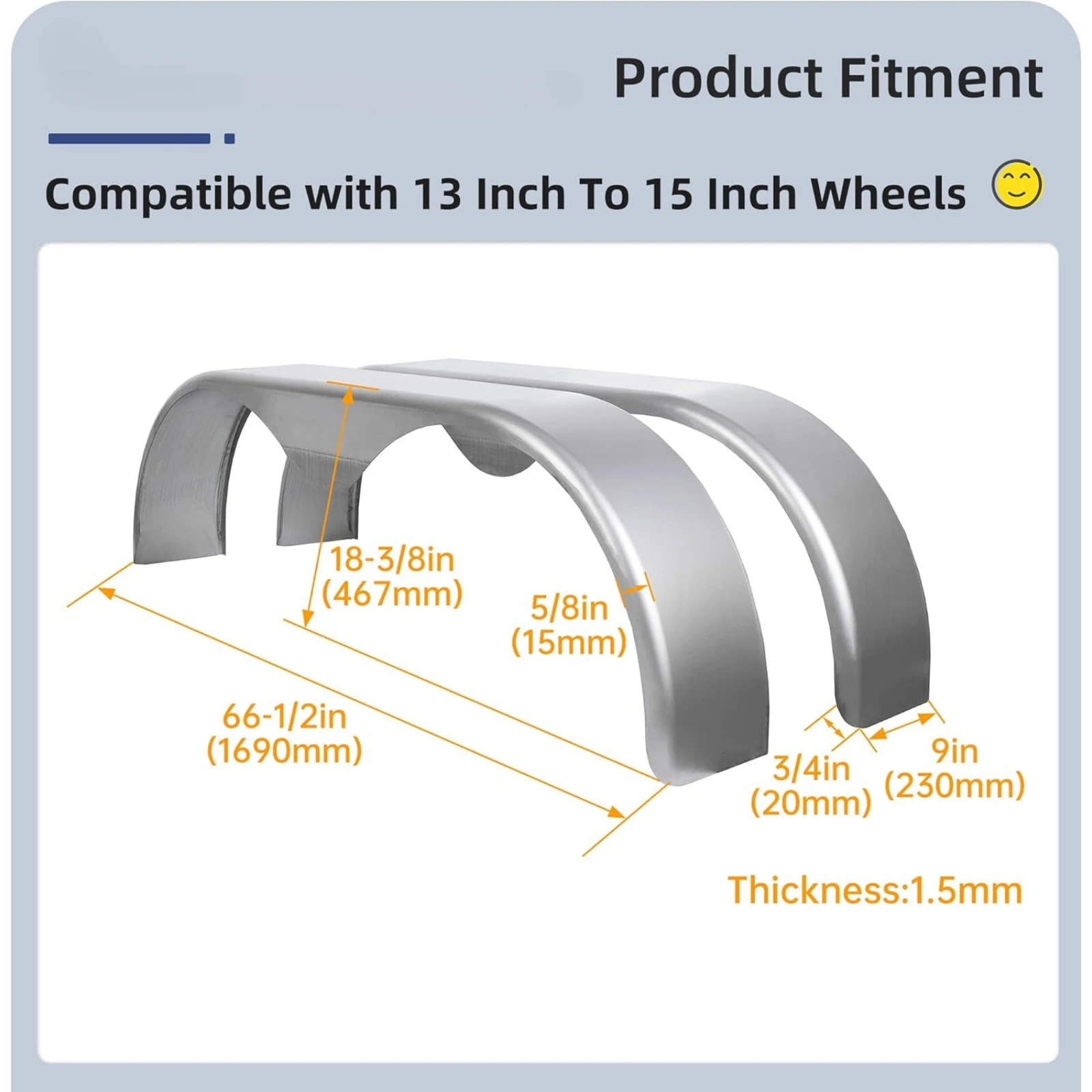 US Tandem Round Trailer Fenders Compatible with 13 Inch To 15 Inch Wheels Unpainted Set of 2