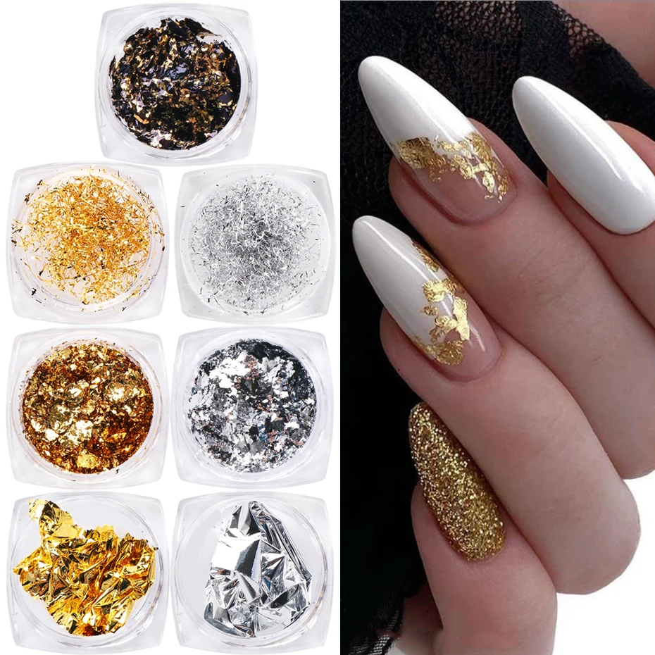 7 Boxes Aluminum Nail Flakes Foils Set Gold Silver Irregular Paillette Nail Art Sequins Decorations Glitter Sticker for Manicure