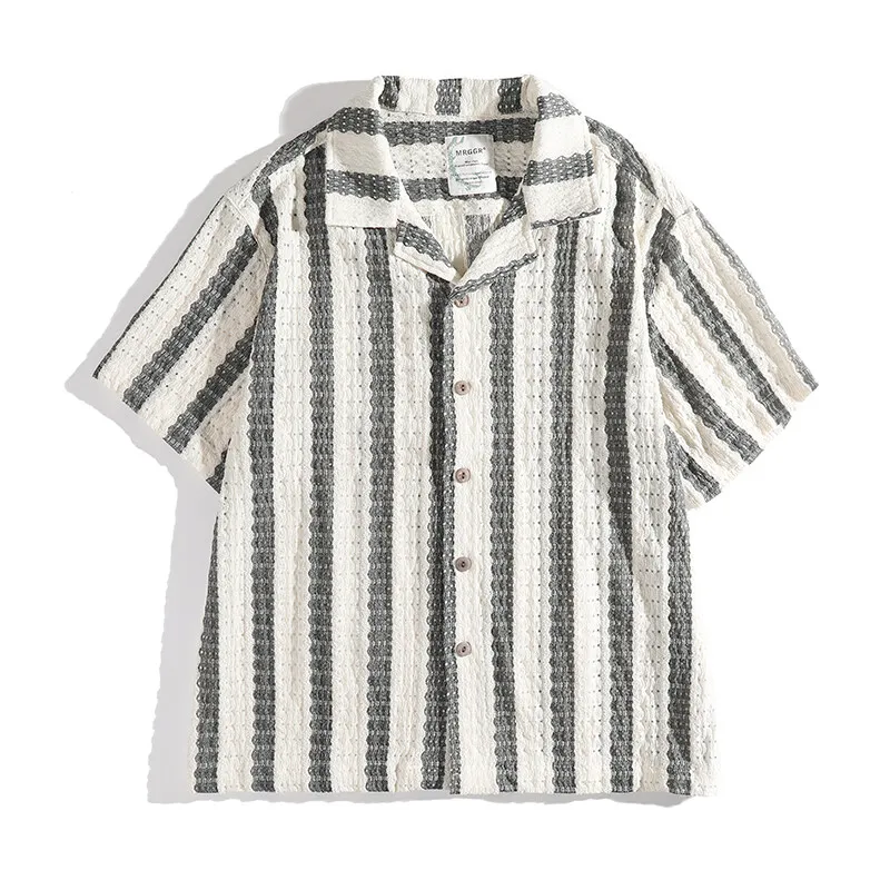 Men's Summer Streetwear Retro Cuban Collar Crocheted Hollow Striped Short Sleeve Loose Casual Button Shirt Blouses