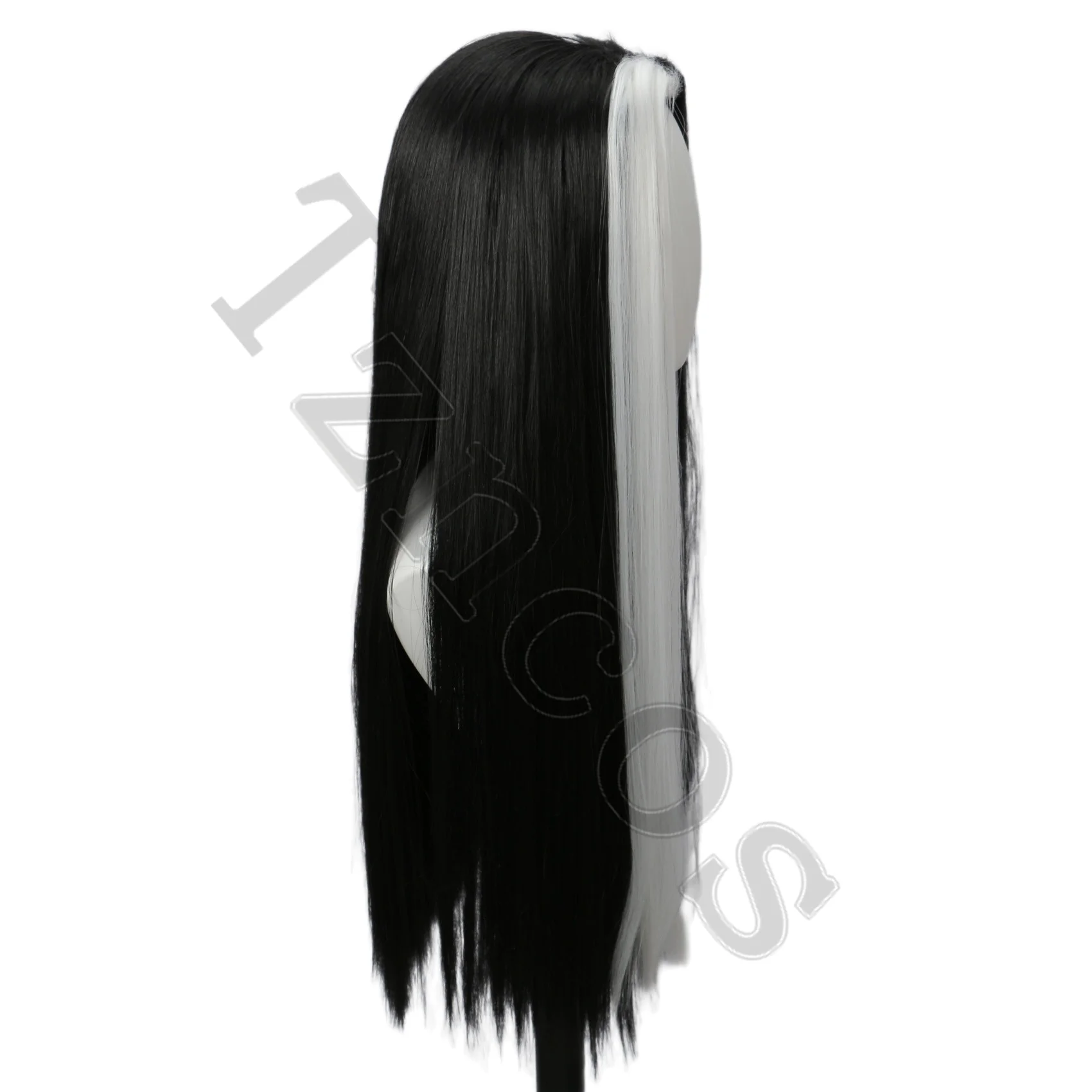 Tzncos – perruque longue et lisse noire et blanche, cheveux longs avec raie au milieu, reflets blancs, Costume de fête d'halloween
