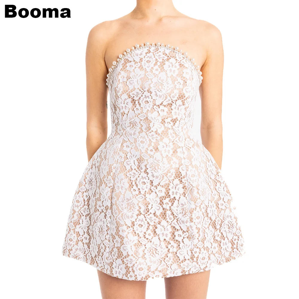 

Booma A-Line Lace Mini Wedding Party Dresses Strapless Sleeveless Pearls Brides Bridals Dress for Women Cocktail Gowns Outfits