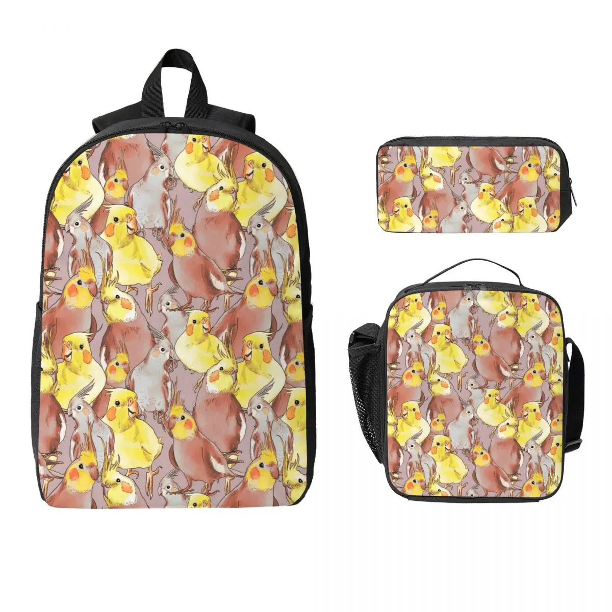 

Cute Cockatiel Bird Pattern Backpack Boys Girls BookBag School Bag Computer Shoulder Bags 3ps Insulated Lunch Bag Pencil Case