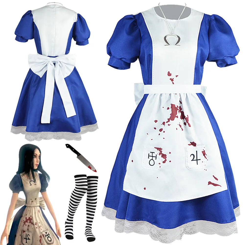 Horror Scary Alice Cosplay Fantasy Maid Dress Clothing Game Crazy Returned Costume Disguise Adult Women Roleplay Fantasia Outfit