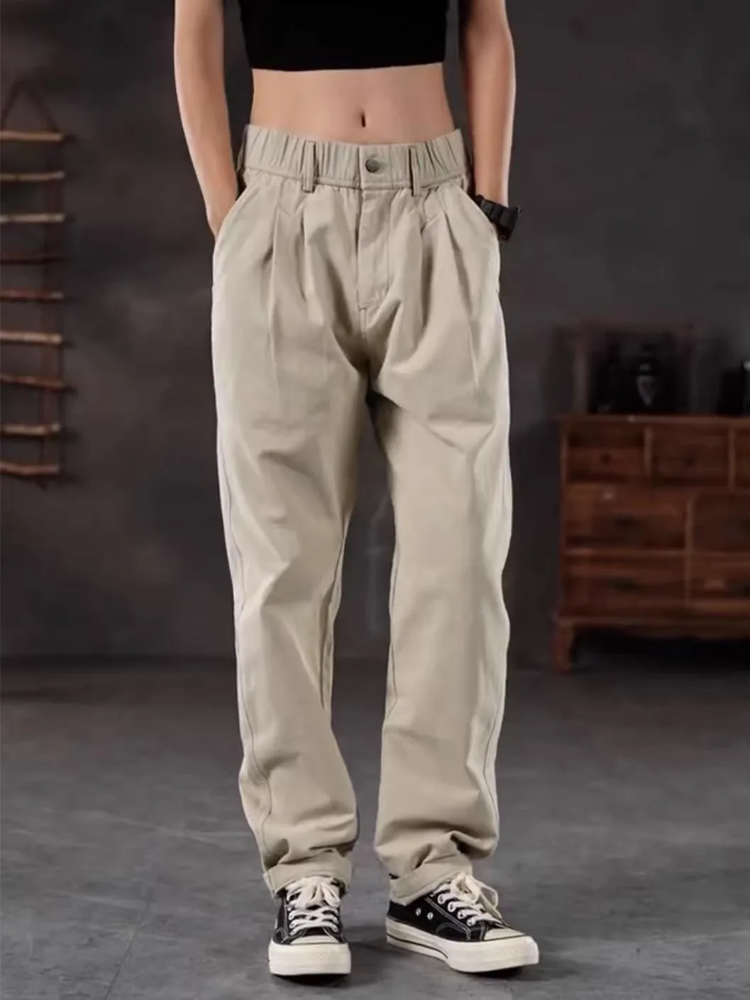 

Men's Retro Faionable Casual Pants Autumn New Sle Loose Straight Leg Pure Color Versatile Comfortable mid Waist Zipper