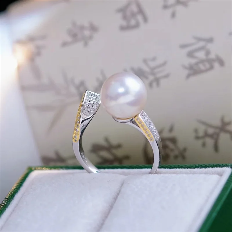 

noble AAAA 10-11mm 9-10mm 11-12mm 12-13mm Japan akoya black Rond Shining Zircon Open Ring Retro lace 925s