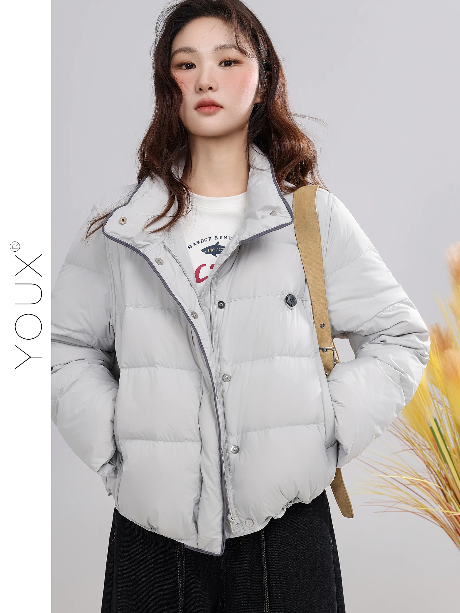 

Winter ort ey Stand Collar Women's down Jaet Warmth Retro Sle Thiened Nylon 90% White Du down Filling Regular Fit