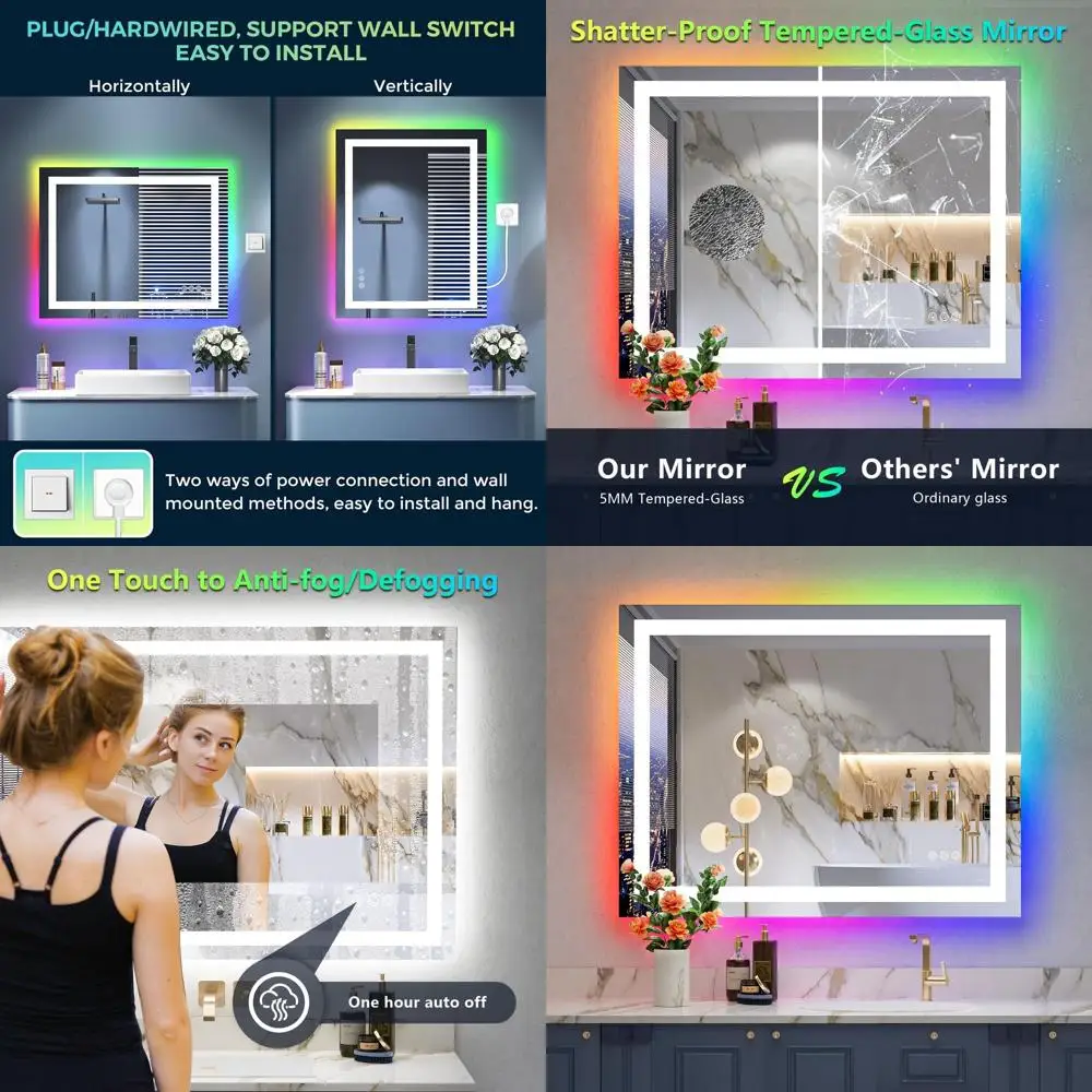 

Dimmable Waterproof LED Vanity Mirror with Anti-Fog, Shatter-Proof, and Memory Features for Bathroom Wall Mount